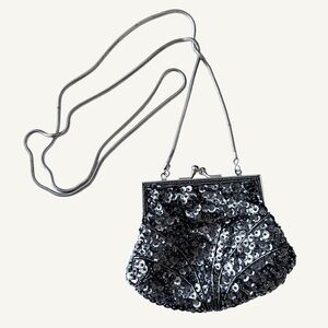 Accessory Lady Vintage Beaded Sequin Change Purse Kiss Clasp Chain Strap